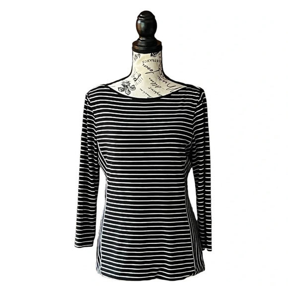 WHBM striped black tunic blouse preppy nautical casual capsule modest mature M - Picture 2 of 10